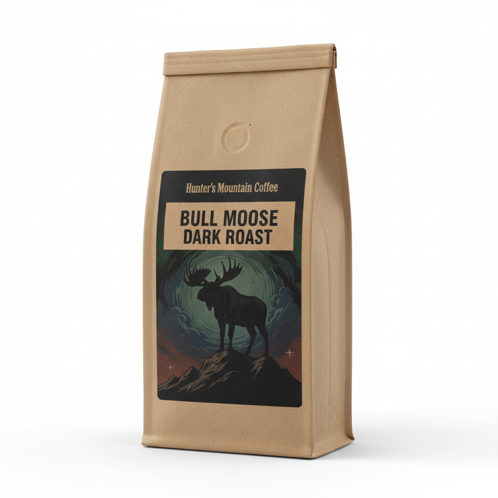 Bull Moose Dark Roast 12oz coffee bag by Hunter's Mountain Coffee